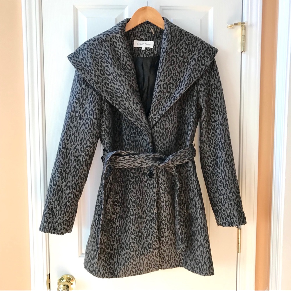 Calvin Klein Wool Leopard Animal Coat Jacket Sz 8